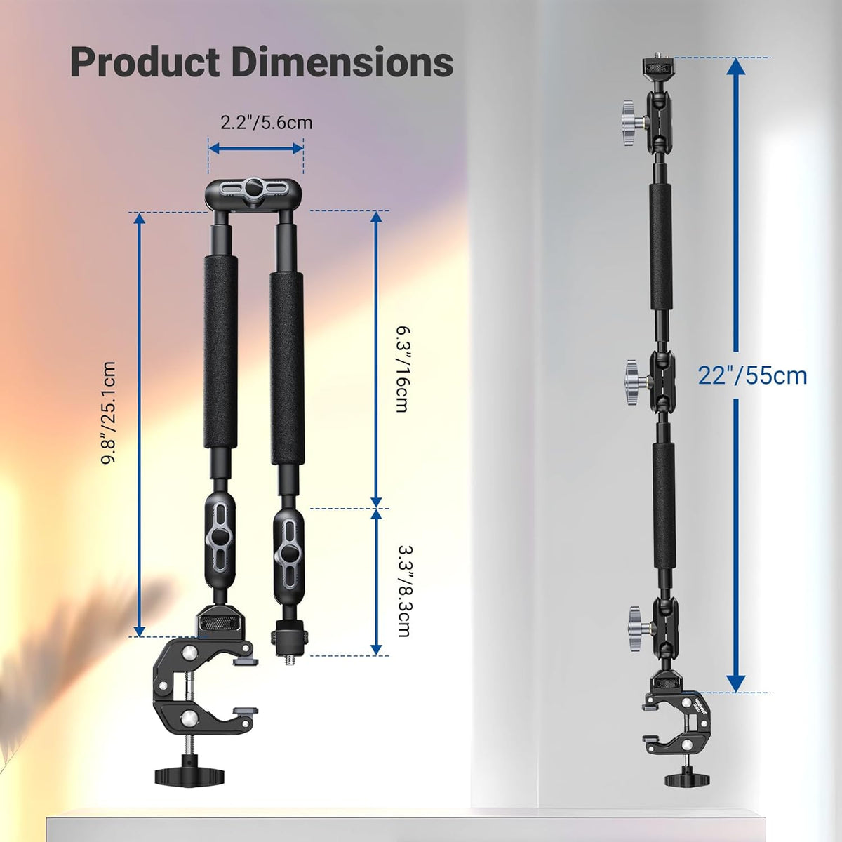 22" Magic Arm w Desk C Clamp, Overhead Camera Mount with Articulating Mic Boom Arm 1/4" 3/8" Threads for ARRI, Desktop Stand Holder for Phone Microphone Webcam Action Camera Video Light, UA057