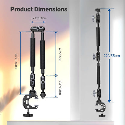 22" Magic Arm w Desk C Clamp, Overhead Camera Mount with Articulating Mic Boom Arm 1/4" 3/8" Threads for ARRI, Desktop Stand Holder for Phone Microphone Webcam Action Camera Video Light, UA057