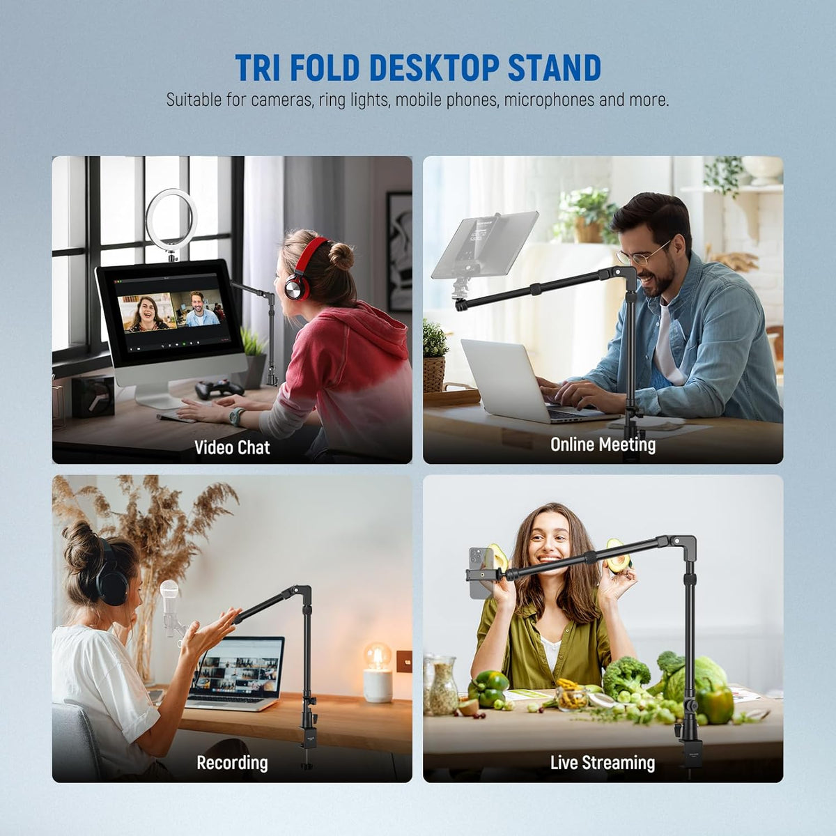 22" Magic Arm w Desk C Clamp, Overhead Camera Mount with Articulating Mic Boom Arm 1/4" 3/8" Threads for ARRI, Desktop Stand Holder for Phone Microphone Webcam Action Camera Video Light, UA057