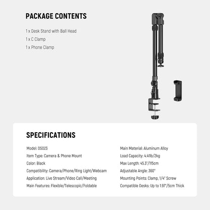 22" Magic Arm w Desk C Clamp, Overhead Camera Mount with Articulating Mic Boom Arm 1/4" 3/8" Threads for ARRI, Desktop Stand Holder for Phone Microphone Webcam Action Camera Video Light, UA057