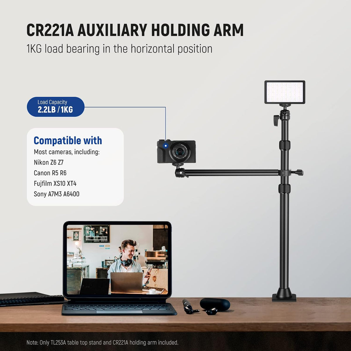 22" Magic Arm w Desk C Clamp, Overhead Camera Mount with Articulating Mic Boom Arm 1/4" 3/8" Threads for ARRI, Desktop Stand Holder for Phone Microphone Webcam Action Camera Video Light, UA057
