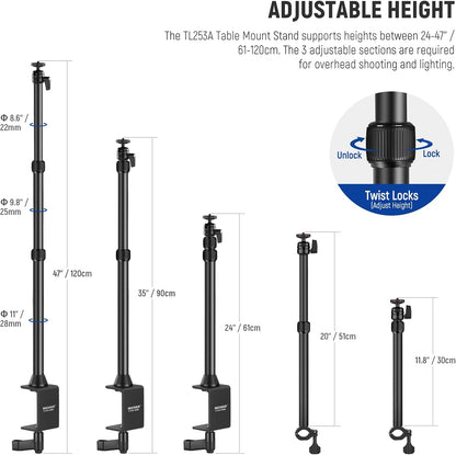 22" Magic Arm w Desk C Clamp, Overhead Camera Mount with Articulating Mic Boom Arm 1/4" 3/8" Threads for ARRI, Desktop Stand Holder for Phone Microphone Webcam Action Camera Video Light, UA057
