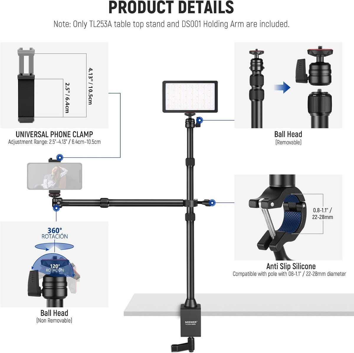 22" Magic Arm w Desk C Clamp, Overhead Camera Mount with Articulating Mic Boom Arm 1/4" 3/8" Threads for ARRI, Desktop Stand Holder for Phone Microphone Webcam Action Camera Video Light, UA057