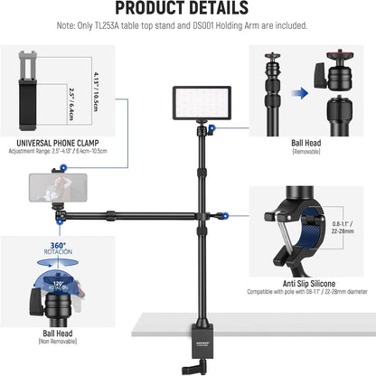 22" Magic Arm w Desk C Clamp, Overhead Camera Mount with Articulating Mic Boom Arm 1/4" 3/8" Threads for ARRI, Desktop Stand Holder for Phone Microphone Webcam Action Camera Video Light, UA057