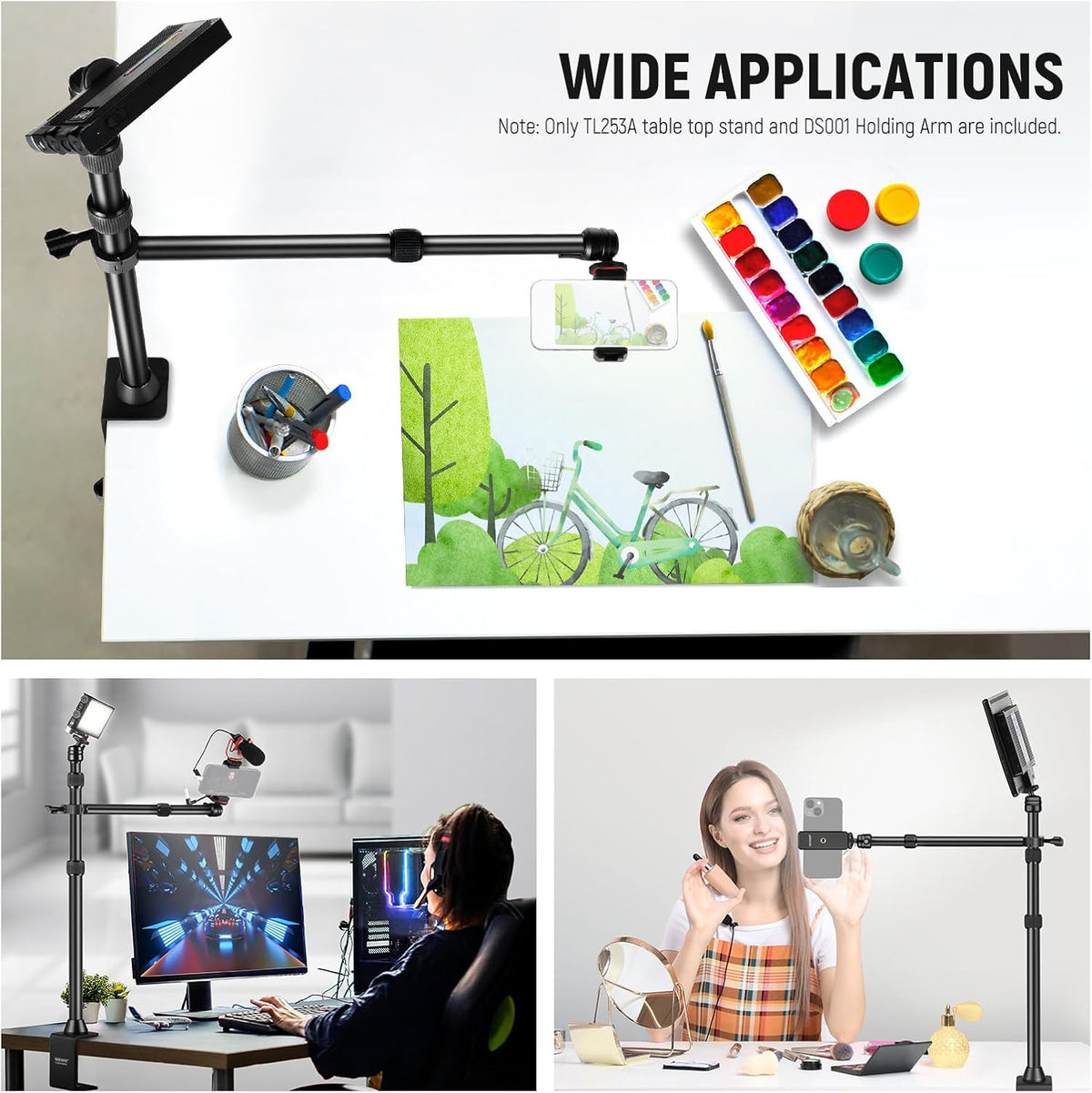 22" Magic Arm w Desk C Clamp, Overhead Camera Mount with Articulating Mic Boom Arm 1/4" 3/8" Threads for ARRI, Desktop Stand Holder for Phone Microphone Webcam Action Camera Video Light, UA057