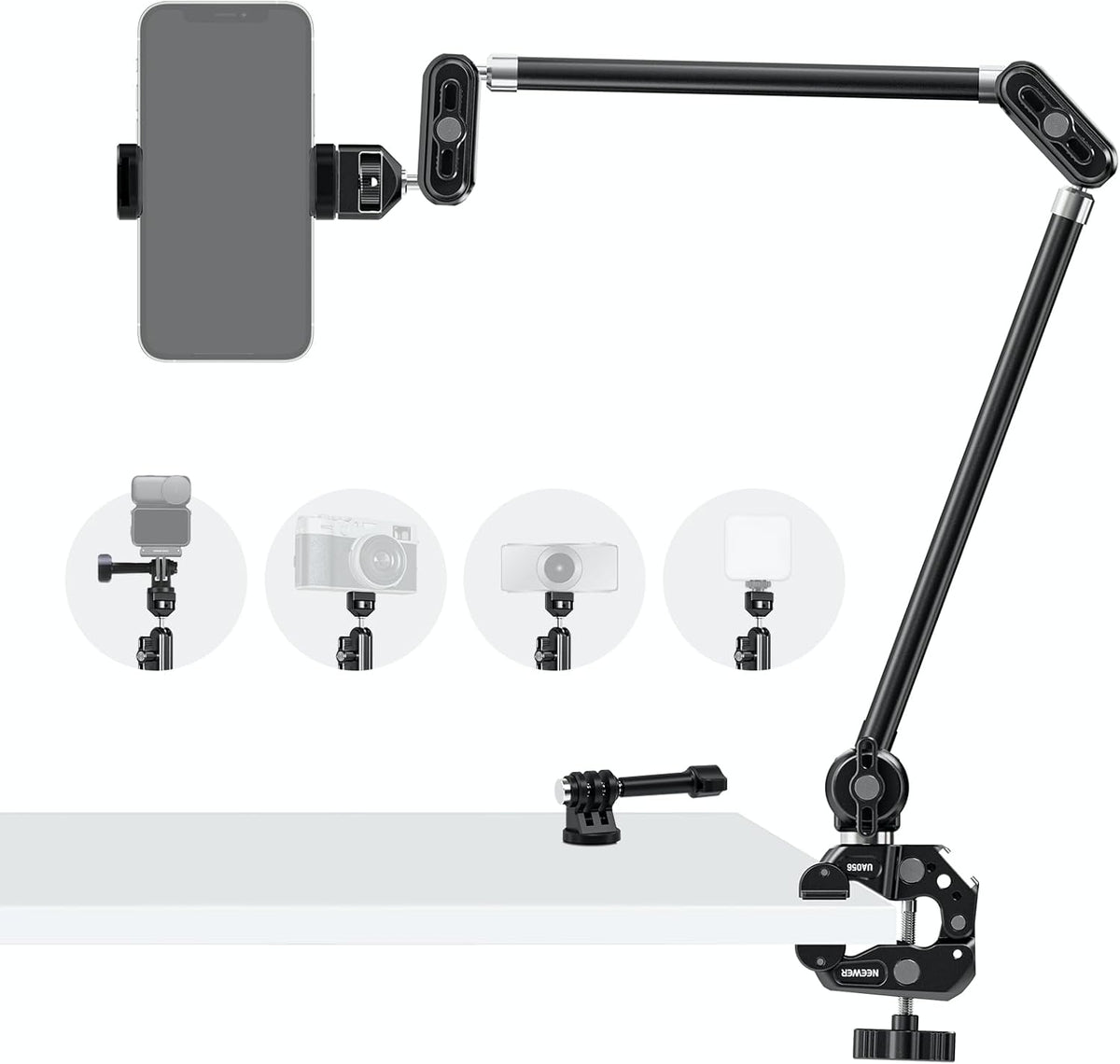 22" Magic Arm w Desk C Clamp, Overhead Camera Mount with Articulating Mic Boom Arm 1/4" 3/8" Threads for ARRI, Desktop Stand Holder for Phone Microphone Webcam Action Camera Video Light, UA057