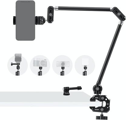 22" Magic Arm w Desk C Clamp, Overhead Camera Mount with Articulating Mic Boom Arm 1/4" 3/8" Threads for ARRI, Desktop Stand Holder for Phone Microphone Webcam Action Camera Video Light, UA057