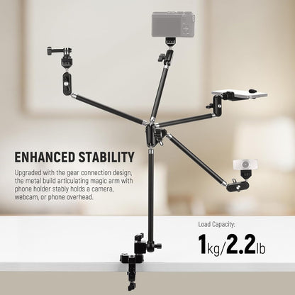 22" Magic Arm w Desk C Clamp, Overhead Camera Mount with Articulating Mic Boom Arm 1/4" 3/8" Threads for ARRI, Desktop Stand Holder for Phone Microphone Webcam Action Camera Video Light, UA057
