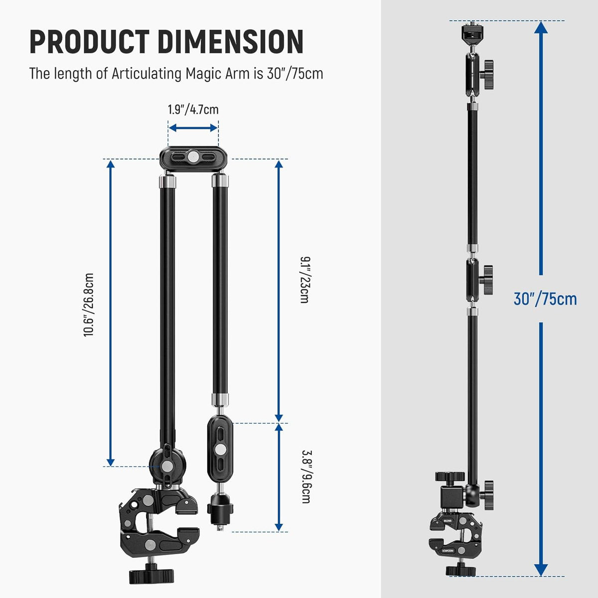 22" Magic Arm w Desk C Clamp, Overhead Camera Mount with Articulating Mic Boom Arm 1/4" 3/8" Threads for ARRI, Desktop Stand Holder for Phone Microphone Webcam Action Camera Video Light, UA057