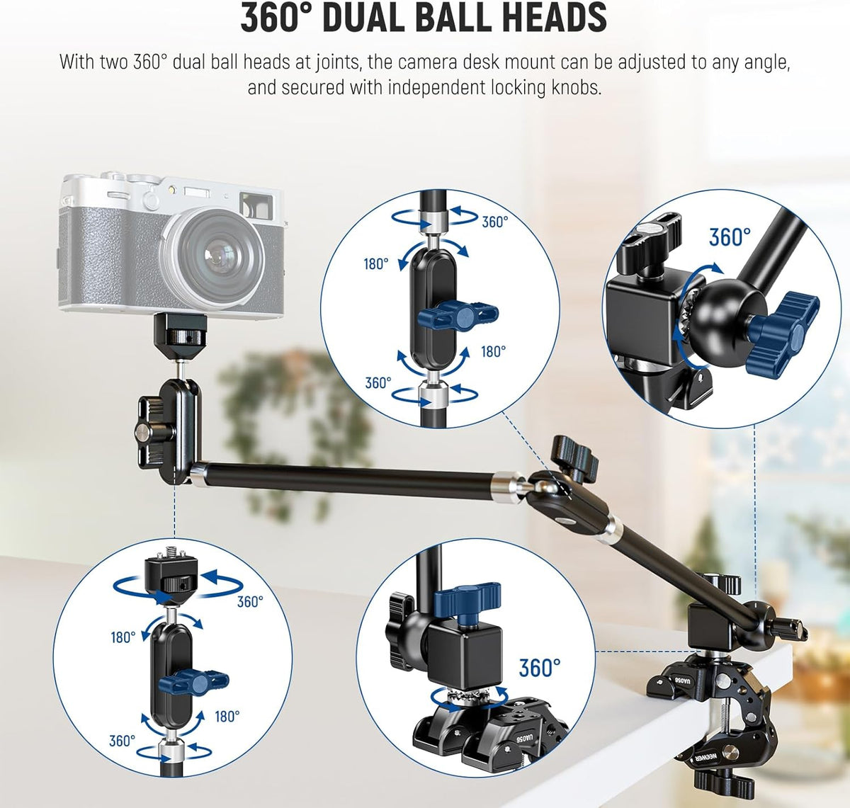 22" Magic Arm w Desk C Clamp, Overhead Camera Mount with Articulating Mic Boom Arm 1/4" 3/8" Threads for ARRI, Desktop Stand Holder for Phone Microphone Webcam Action Camera Video Light, UA057