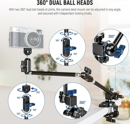 22" Magic Arm w Desk C Clamp, Overhead Camera Mount with Articulating Mic Boom Arm 1/4" 3/8" Threads for ARRI, Desktop Stand Holder for Phone Microphone Webcam Action Camera Video Light, UA057