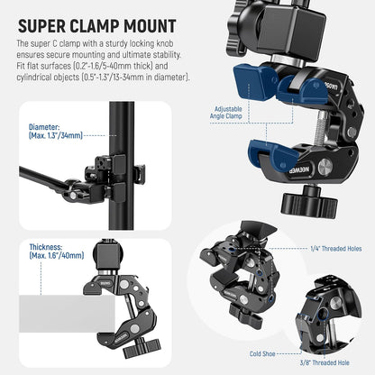 22" Magic Arm w Desk C Clamp, Overhead Camera Mount with Articulating Mic Boom Arm 1/4" 3/8" Threads for ARRI, Desktop Stand Holder for Phone Microphone Webcam Action Camera Video Light, UA057
