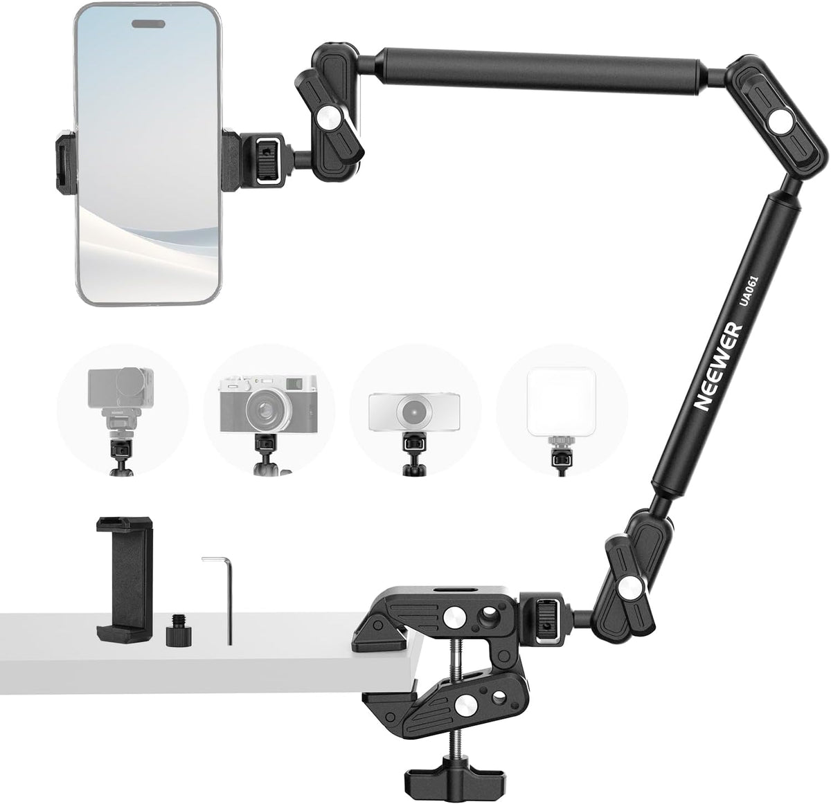 22" Magic Arm w Desk C Clamp, Overhead Camera Mount with Articulating Mic Boom Arm 1/4" 3/8" Threads for ARRI, Desktop Stand Holder for Phone Microphone Webcam Action Camera Video Light, UA057