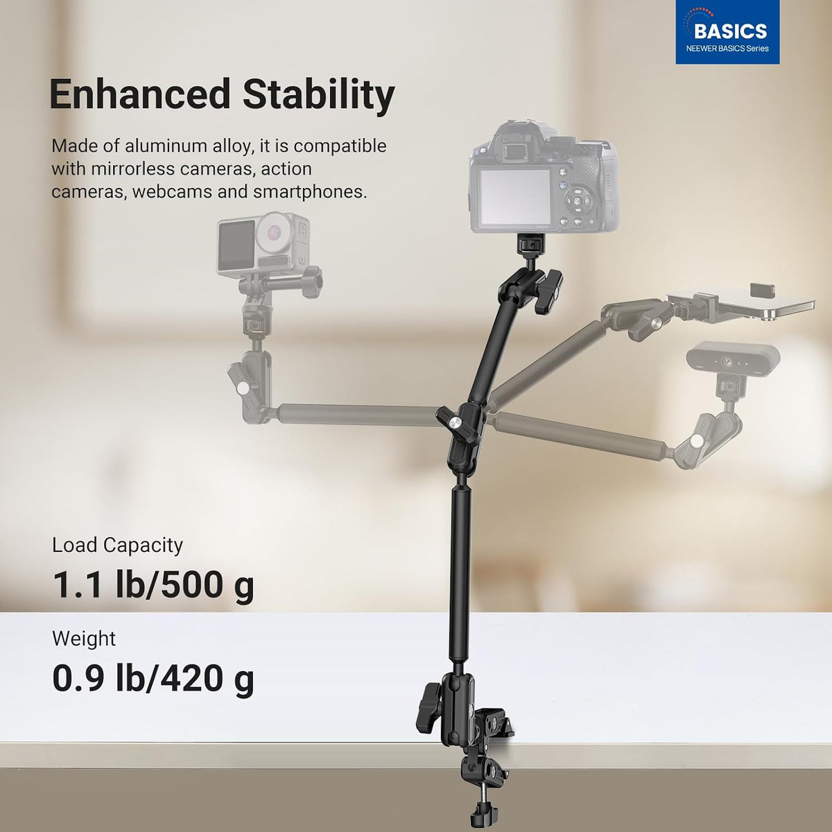 22" Magic Arm w Desk C Clamp, Overhead Camera Mount with Articulating Mic Boom Arm 1/4" 3/8" Threads for ARRI, Desktop Stand Holder for Phone Microphone Webcam Action Camera Video Light, UA057