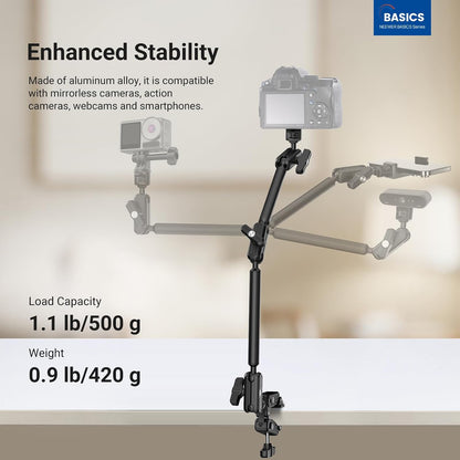 22" Magic Arm w Desk C Clamp, Overhead Camera Mount with Articulating Mic Boom Arm 1/4" 3/8" Threads for ARRI, Desktop Stand Holder for Phone Microphone Webcam Action Camera Video Light, UA057