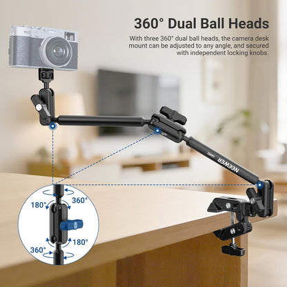 22" Magic Arm w Desk C Clamp, Overhead Camera Mount with Articulating Mic Boom Arm 1/4" 3/8" Threads for ARRI, Desktop Stand Holder for Phone Microphone Webcam Action Camera Video Light, UA057