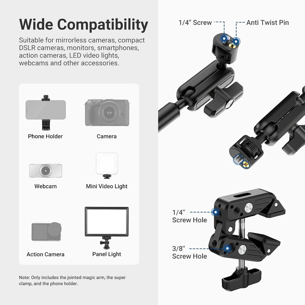 22" Magic Arm w Desk C Clamp, Overhead Camera Mount with Articulating Mic Boom Arm 1/4" 3/8" Threads for ARRI, Desktop Stand Holder for Phone Microphone Webcam Action Camera Video Light, UA057