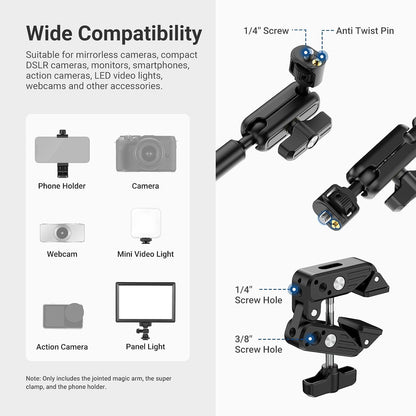 22" Magic Arm w Desk C Clamp, Overhead Camera Mount with Articulating Mic Boom Arm 1/4" 3/8" Threads for ARRI, Desktop Stand Holder for Phone Microphone Webcam Action Camera Video Light, UA057