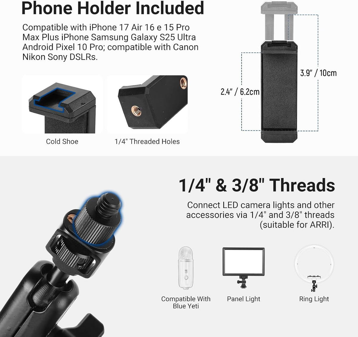 22" Magic Arm w Desk C Clamp, Overhead Camera Mount with Articulating Mic Boom Arm 1/4" 3/8" Threads for ARRI, Desktop Stand Holder for Phone Microphone Webcam Action Camera Video Light, UA057