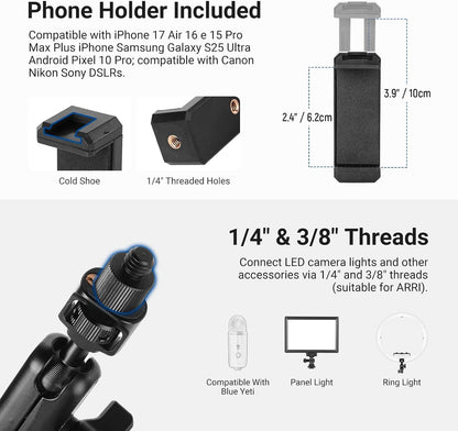 22" Magic Arm w Desk C Clamp, Overhead Camera Mount with Articulating Mic Boom Arm 1/4" 3/8" Threads for ARRI, Desktop Stand Holder for Phone Microphone Webcam Action Camera Video Light, UA057