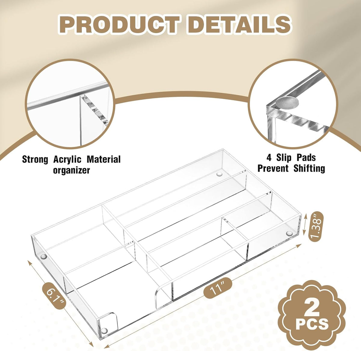 2 Pcs Acrylic Drawer Organizer, 11 x 6 x 1.38'', 6 Compartments