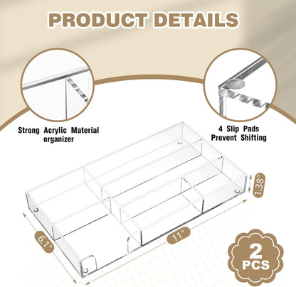 2 Pcs Acrylic Drawer Organizer, 11 x 6 x 1.38'', 6 Compartments
