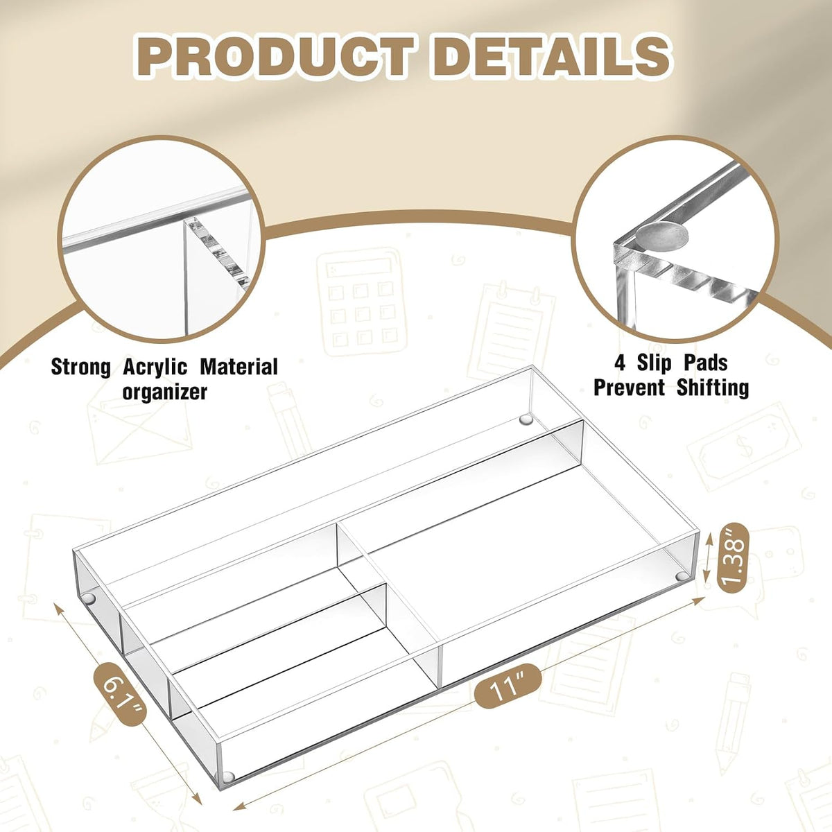 2 Pcs Acrylic Drawer Organizer, 11 x 6 x 1.38'', 6 Compartments