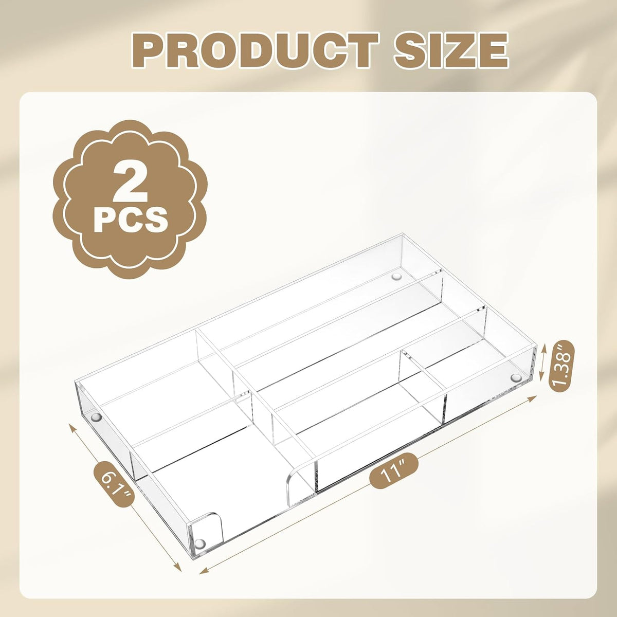2 Pcs Acrylic Drawer Organizer, 11 x 6 x 1.38'', 6 Compartments