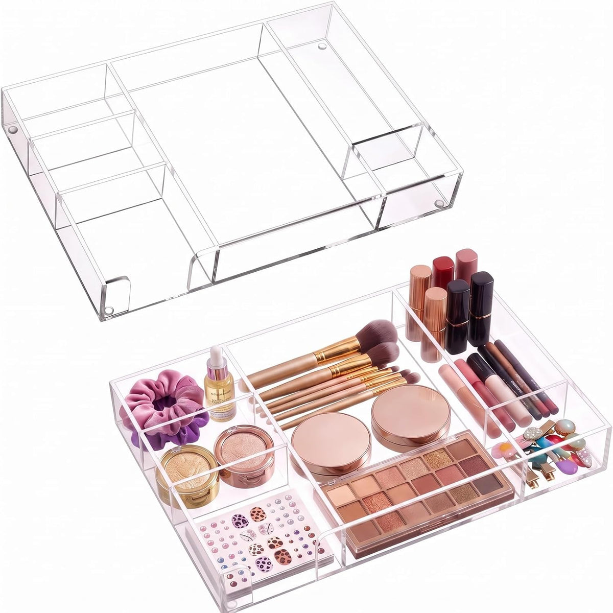 2 Pcs Acrylic Drawer Organizer, 11 x 6 x 1.38'', 6 Compartments