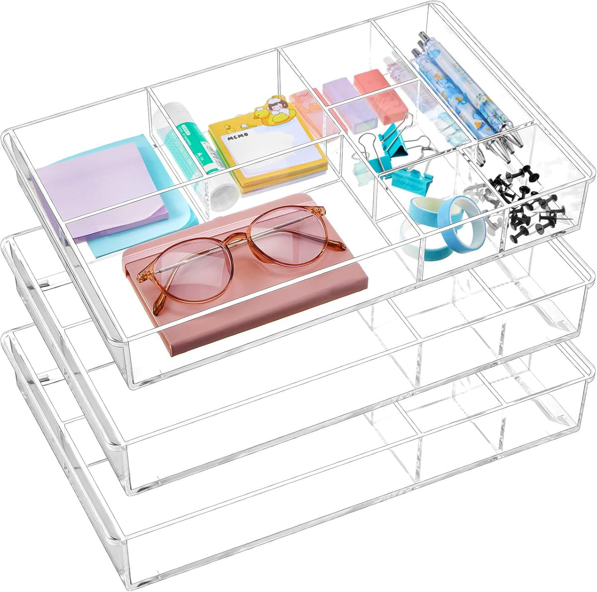 2 Pcs Acrylic Drawer Organizer, 11 x 6 x 1.38'', 6 Compartments