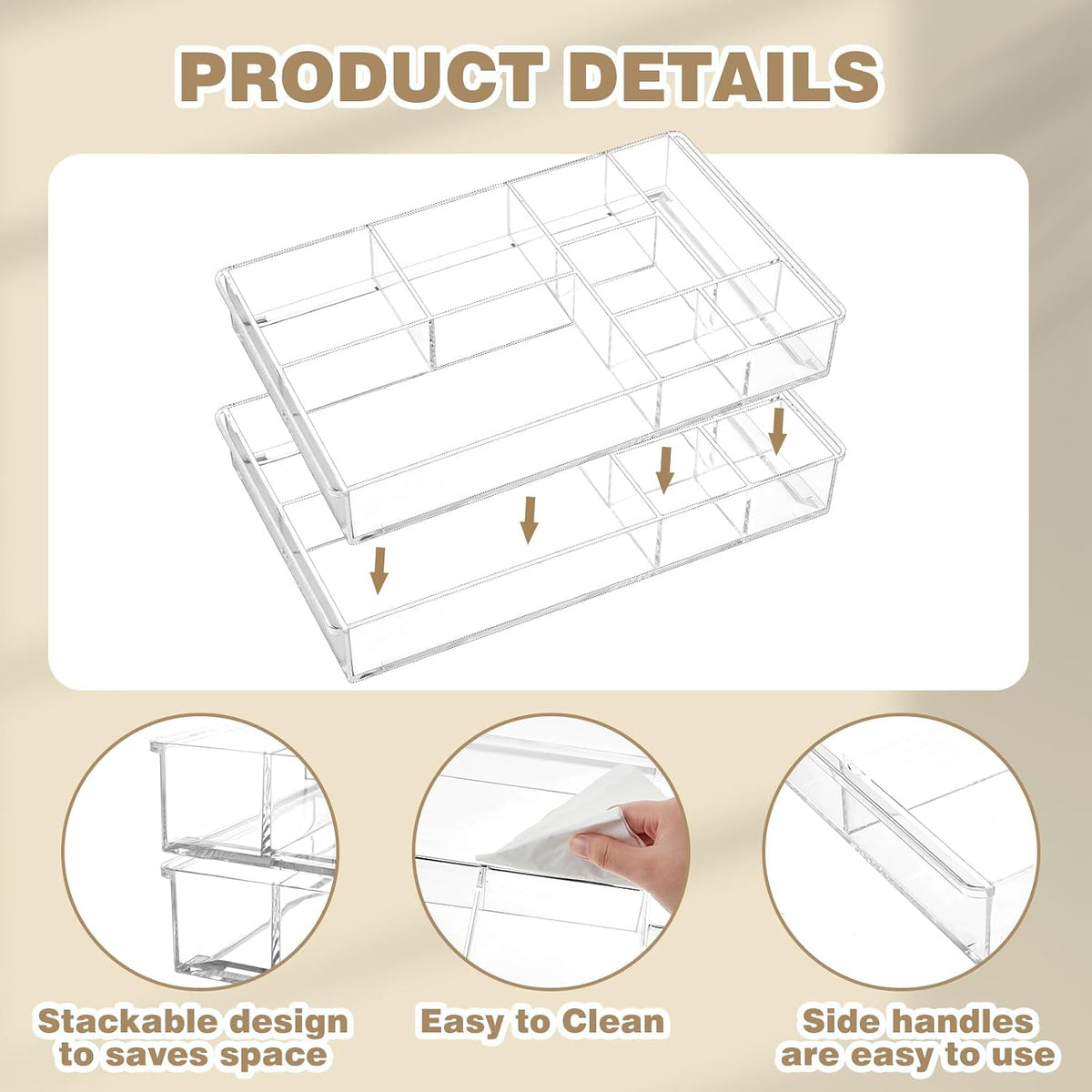 2 Pcs Acrylic Drawer Organizer, 11 x 6 x 1.38'', 6 Compartments