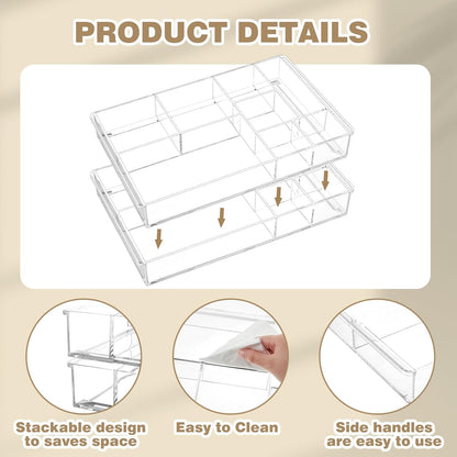 2 Pcs Acrylic Drawer Organizer, 11 x 6 x 1.38'', 6 Compartments