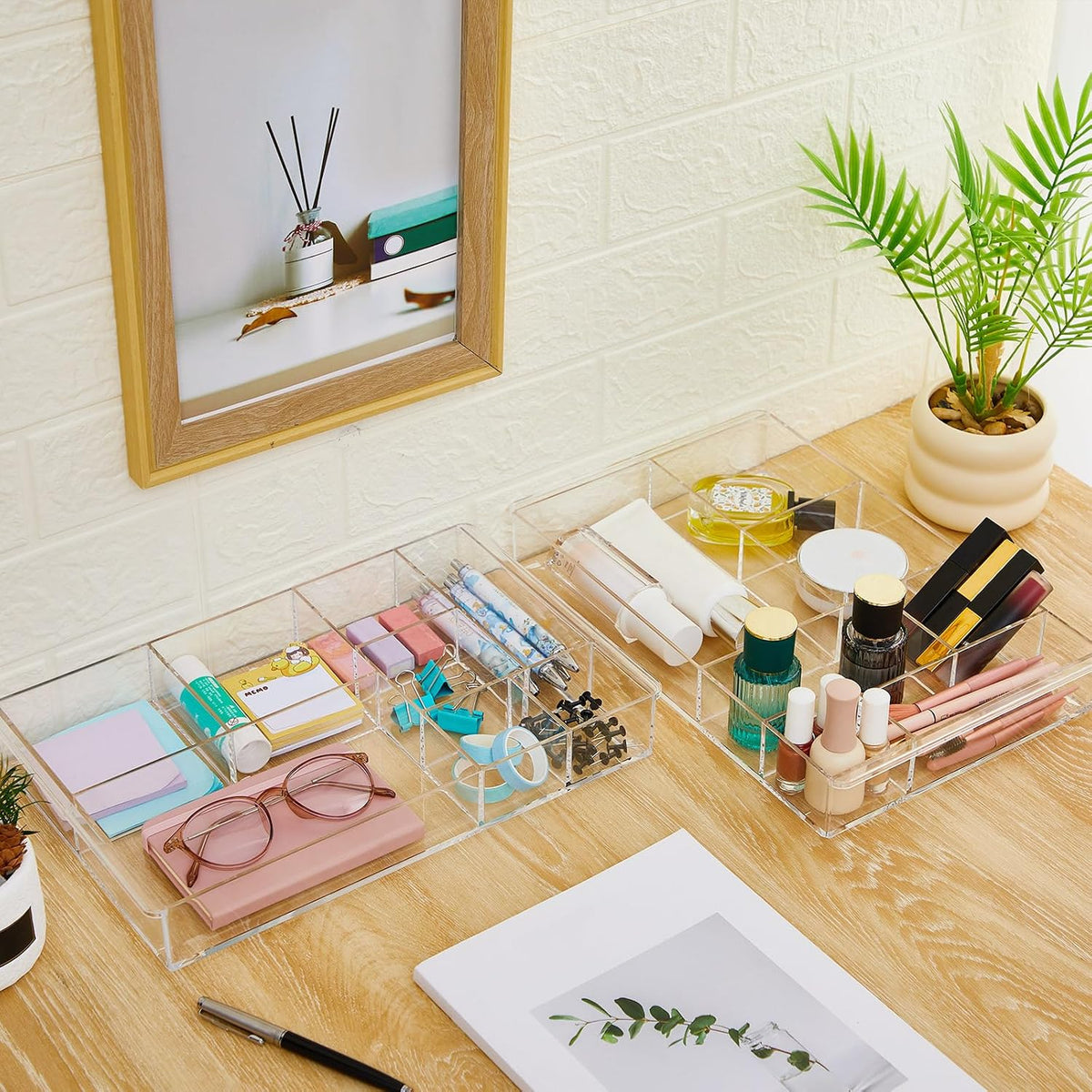 2 Pcs Acrylic Drawer Organizer, 11 x 6 x 1.38'', 6 Compartments