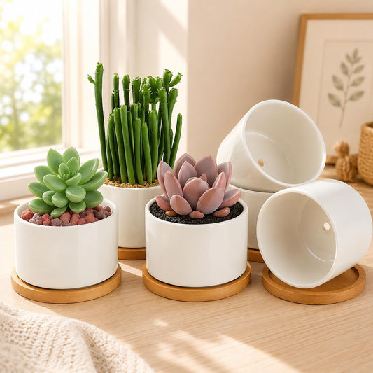 3.6" Ceramic Succulent Pots,White Planter with Drainage Tray