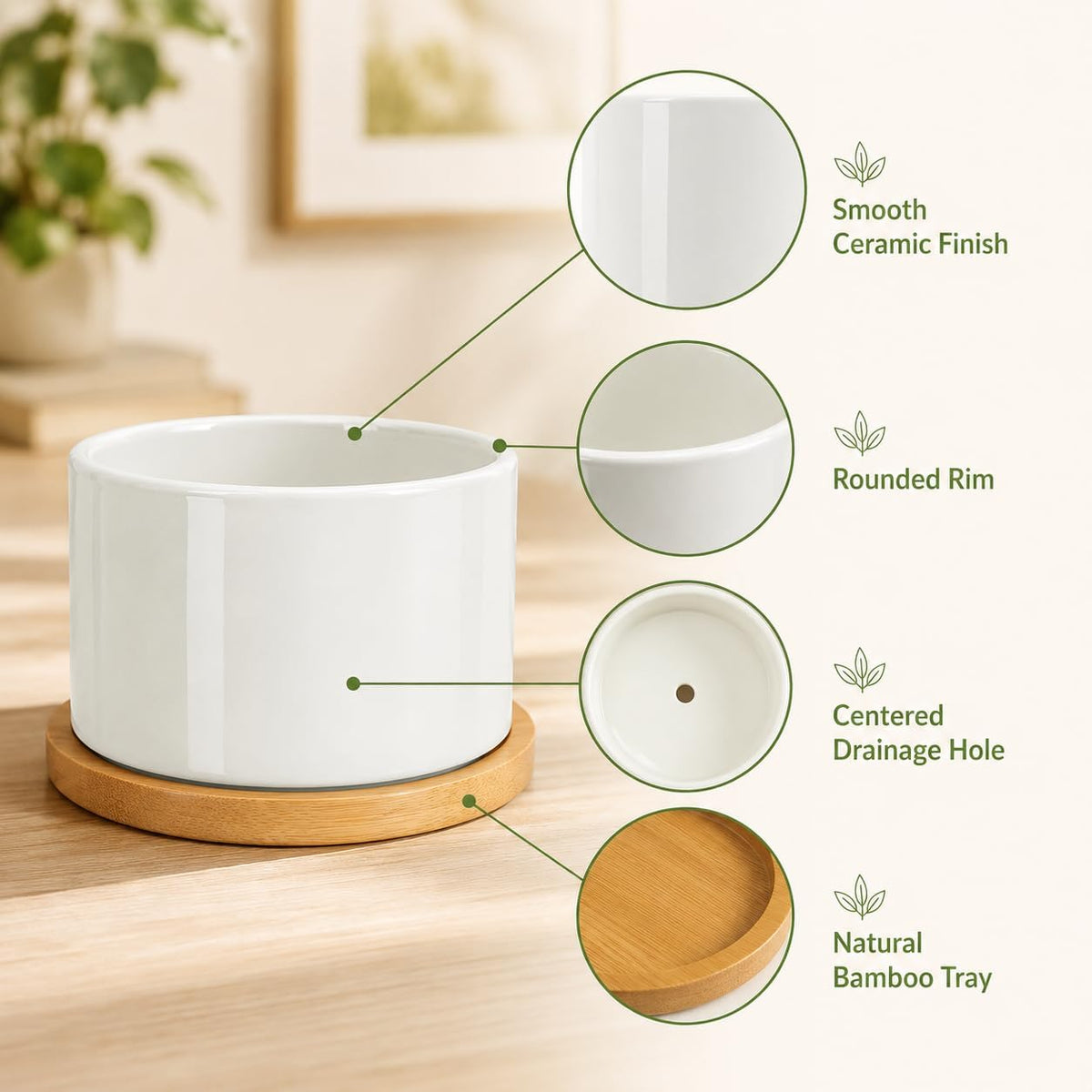 3.6" Ceramic Succulent Pots,White Planter with Drainage Tray