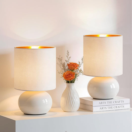 Ceramic Table Lamps Set of 2, Modern Classic Bedside Lamps for Nightstand, Small Table Lamp for Bedroom Living Room Desk End Table (White)