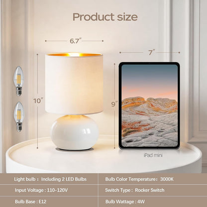 Ceramic Table Lamps Set of 2, Modern Classic Bedside Lamps for Nightstand, Small Table Lamp for Bedroom Living Room Desk End Table (White)