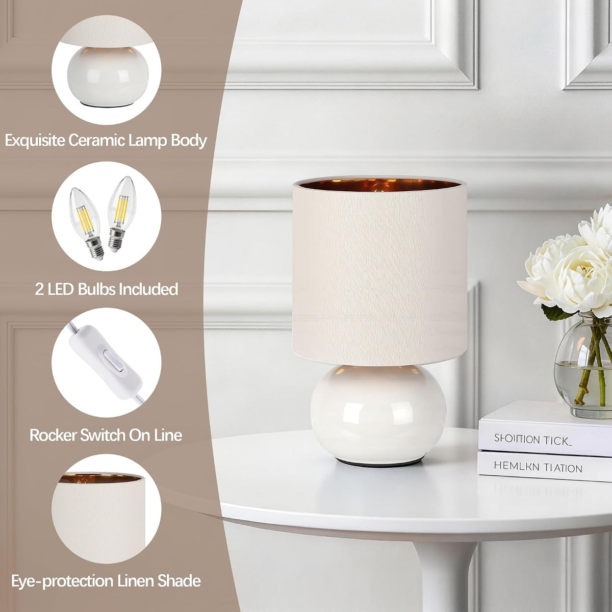 Ceramic Table Lamps Set of 2, Modern Classic Bedside Lamps for Nightstand, Small Table Lamp for Bedroom Living Room Desk End Table (White)