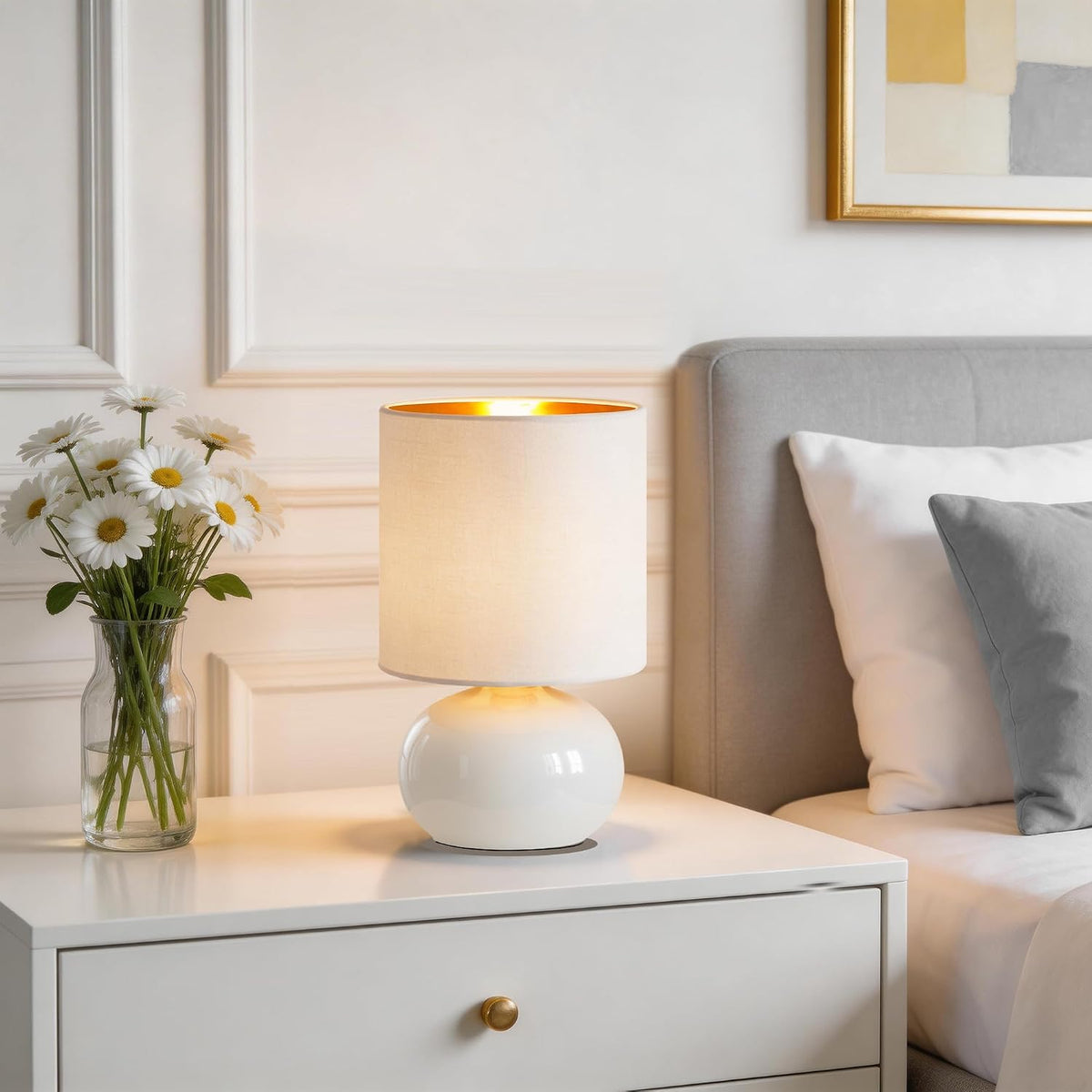 Ceramic Table Lamps Set of 2, Modern Classic Bedside Lamps for Nightstand, Small Table Lamp for Bedroom Living Room Desk End Table (White)