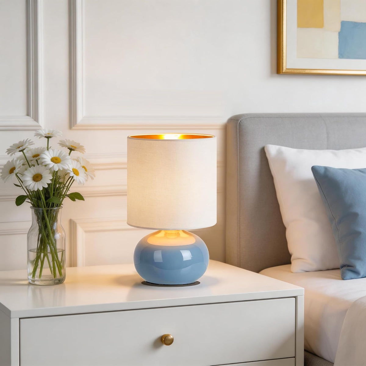 Ceramic Table Lamps Set of 2, Modern Classic Bedside Lamps for Nightstand, Small Table Lamp for Bedroom Living Room Desk End Table (White)