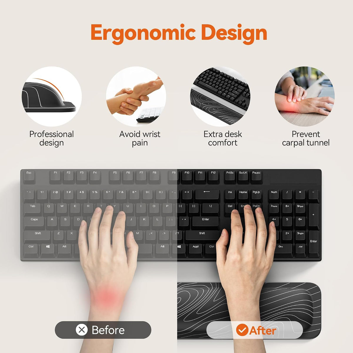 Wrist Rest for Computer Keyboard, Thicken Memory Foam Wrist Support Pad for Keyboard, Ergonomic Palm Rest for Pain Relief, Anti-Slip Rubber Base, 17x3.3 in, 1 inch (25mm), Black