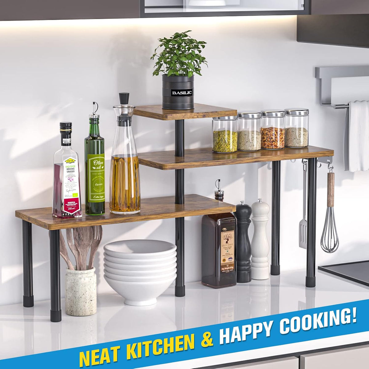 Kitchen Countertop Organizer 3-Tier Corner Shelf, Rustic Brown