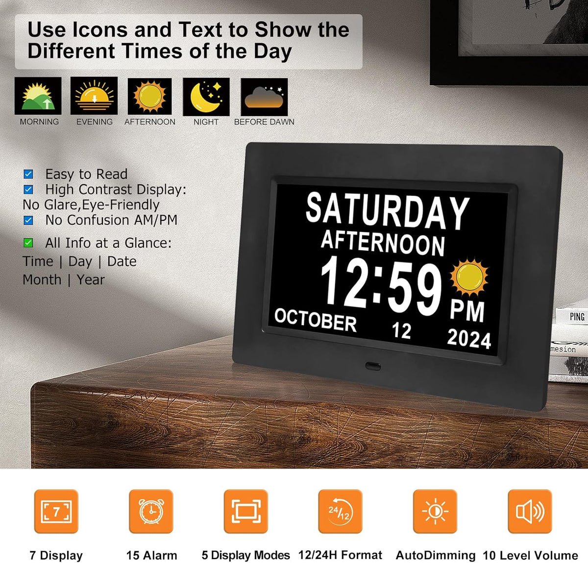 Digital Calendar Dementia Alarm Clock with Day and Date for Elderly - 15 Alarms 5 Colors Display Large Display Alzheimers Clock Large Digital Clock for Seniors (7in Black)