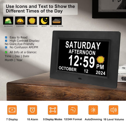 Digital Calendar Dementia Alarm Clock with Day and Date for Elderly - 15 Alarms 5 Colors Display Large Display Alzheimers Clock Large Digital Clock for Seniors (7in Black)