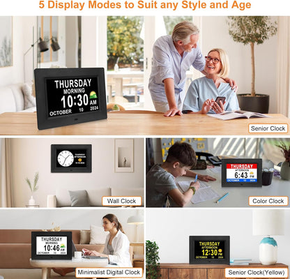 Digital Calendar Dementia Alarm Clock with Day and Date for Elderly - 15 Alarms 5 Colors Display Large Display Alzheimers Clock Large Digital Clock for Seniors (7in Black)