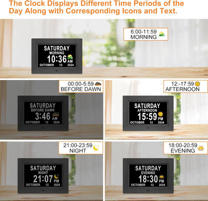 Digital Calendar Dementia Alarm Clock with Day and Date for Elderly - 15 Alarms 5 Colors Display Large Display Alzheimers Clock Large Digital Clock for Seniors (7in Black)