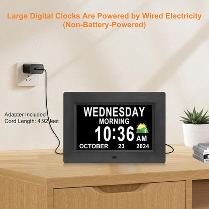 Digital Calendar Dementia Alarm Clock with Day and Date for Elderly - 15 Alarms 5 Colors Display Large Display Alzheimers Clock Large Digital Clock for Seniors (7in Black)