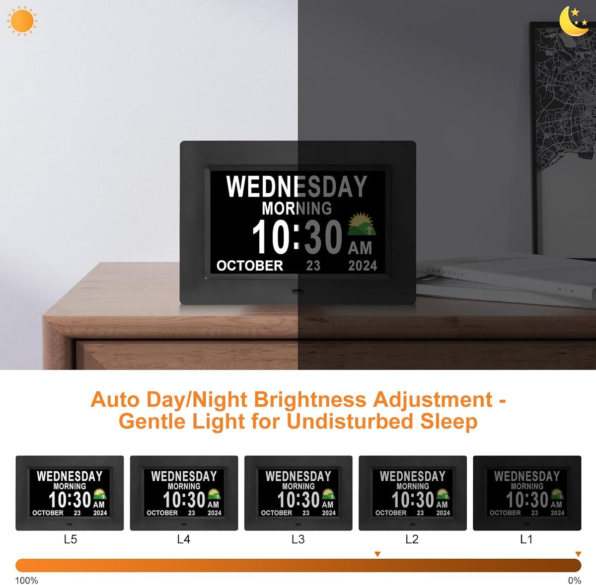 Digital Calendar Dementia Alarm Clock with Day and Date for Elderly - 15 Alarms 5 Colors Display Large Display Alzheimers Clock Large Digital Clock for Seniors (7in Black)