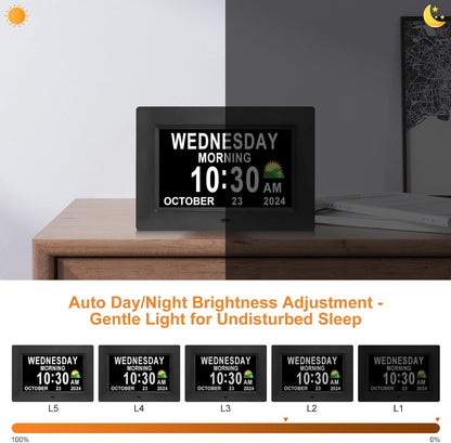 Digital Calendar Dementia Alarm Clock with Day and Date for Elderly - 15 Alarms 5 Colors Display Large Display Alzheimers Clock Large Digital Clock for Seniors (7in Black)