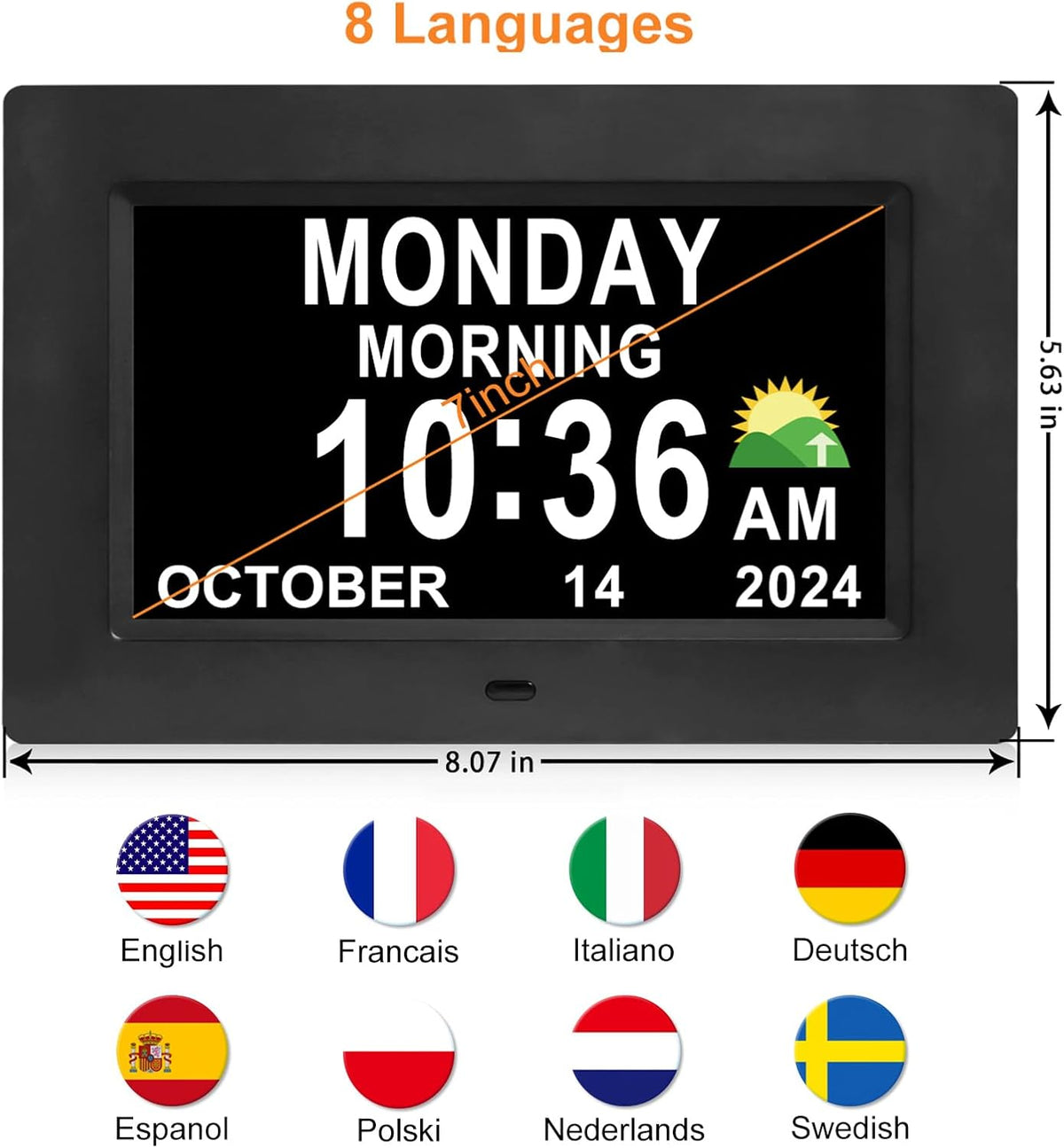 Digital Calendar Dementia Alarm Clock with Day and Date for Elderly - 15 Alarms 5 Colors Display Large Display Alzheimers Clock Large Digital Clock for Seniors (7in Black)